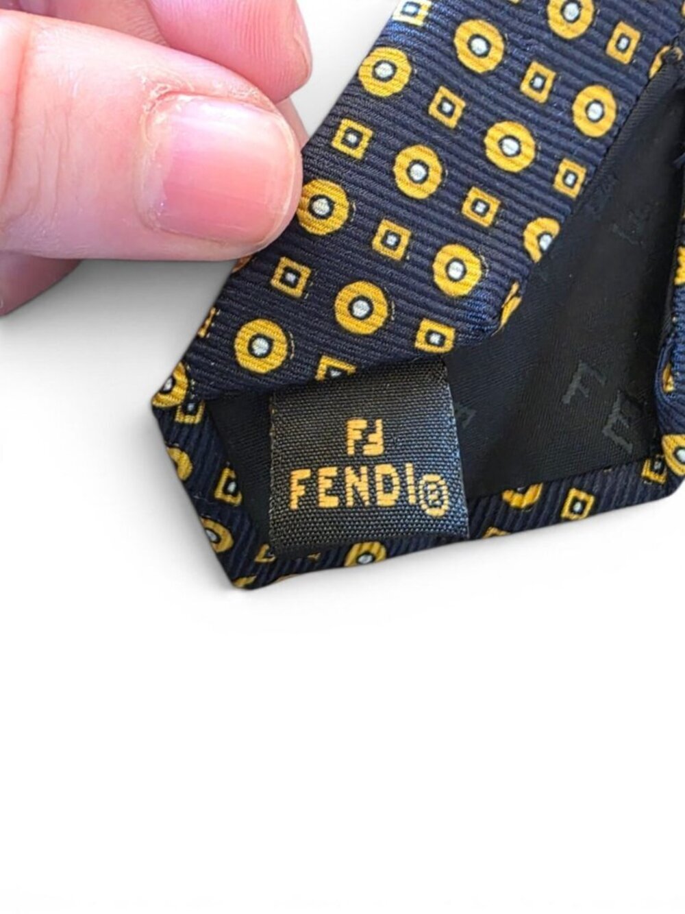 Fendi Cravatte Silk Tie Black Yellow Geometric Medallion Italy Designer Necktie - Picture 7 of 16